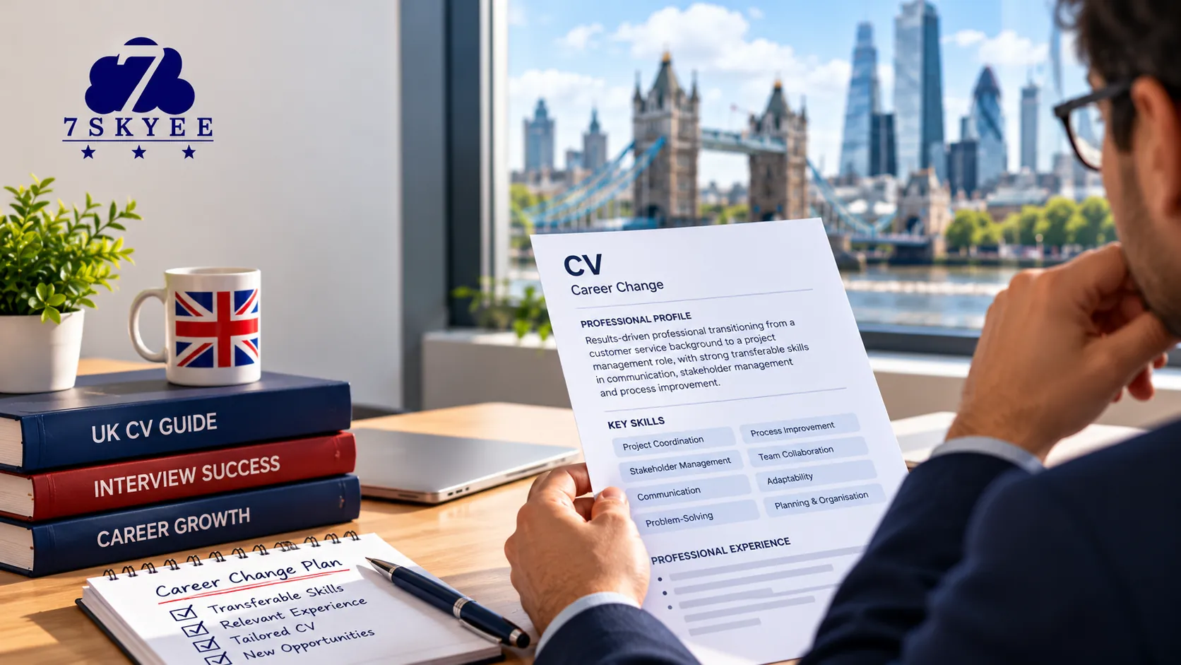 Professional reviewing a CV for a career change in the UK, highlighting transferable skills and career goals.