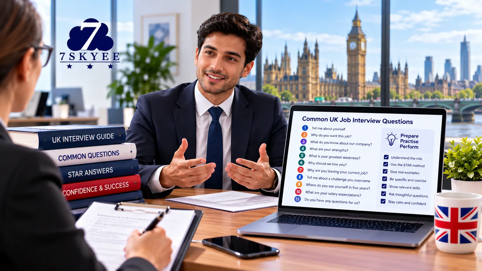 Common UK job interview questions displayed during a professional interview coaching session by 7Skyee.