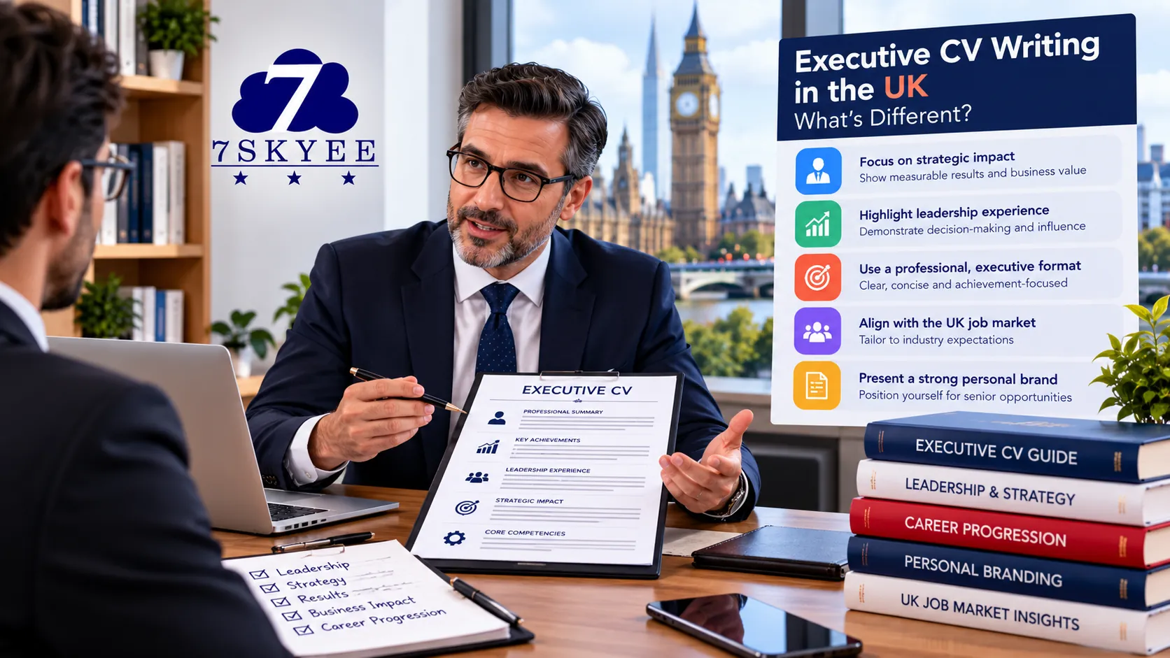 Executive CV writing in the UK, focusing on leadership experience, strategic achievements and professional positioning.
