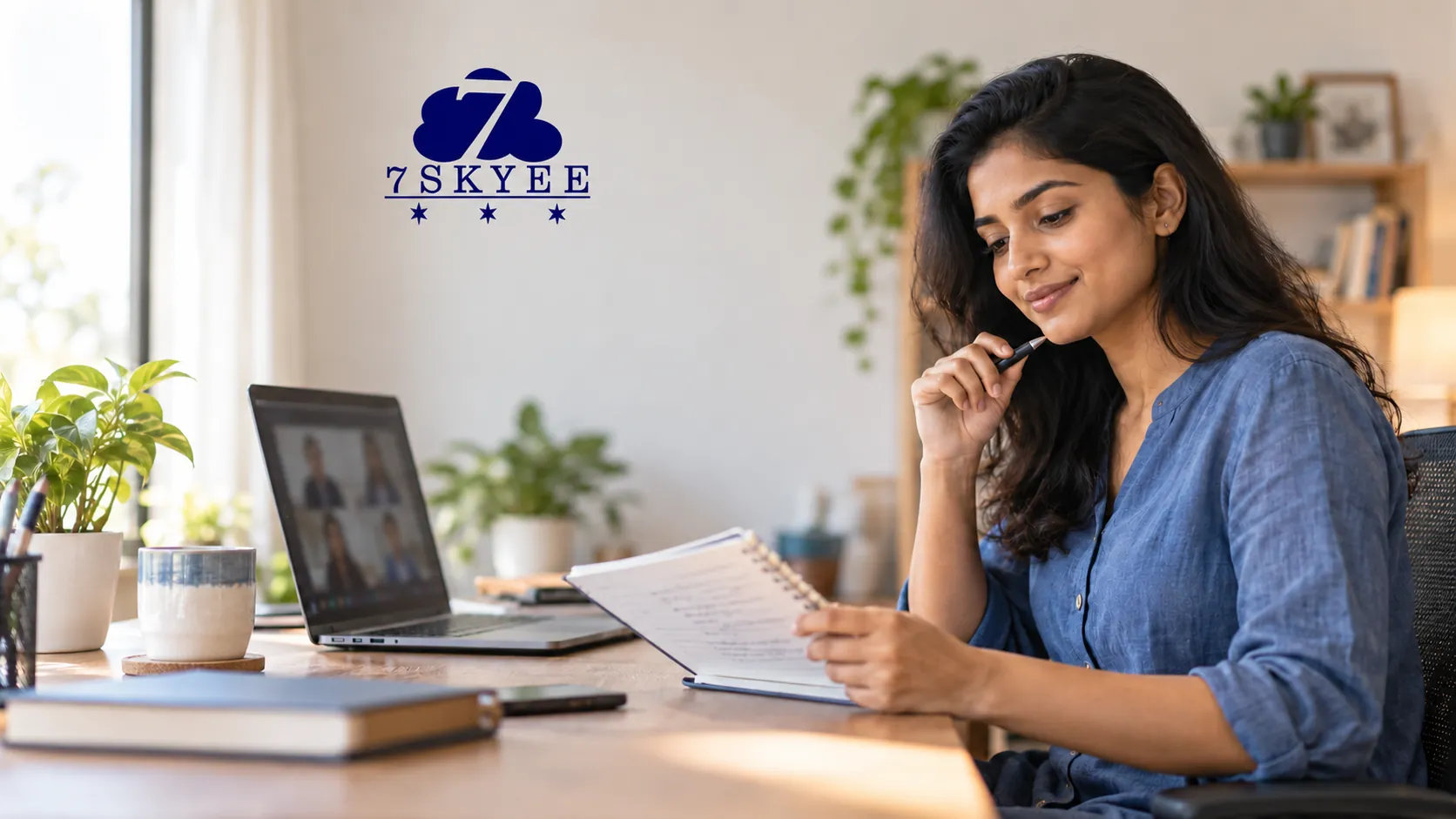 Job candidate reviewing interview notes at a laptop