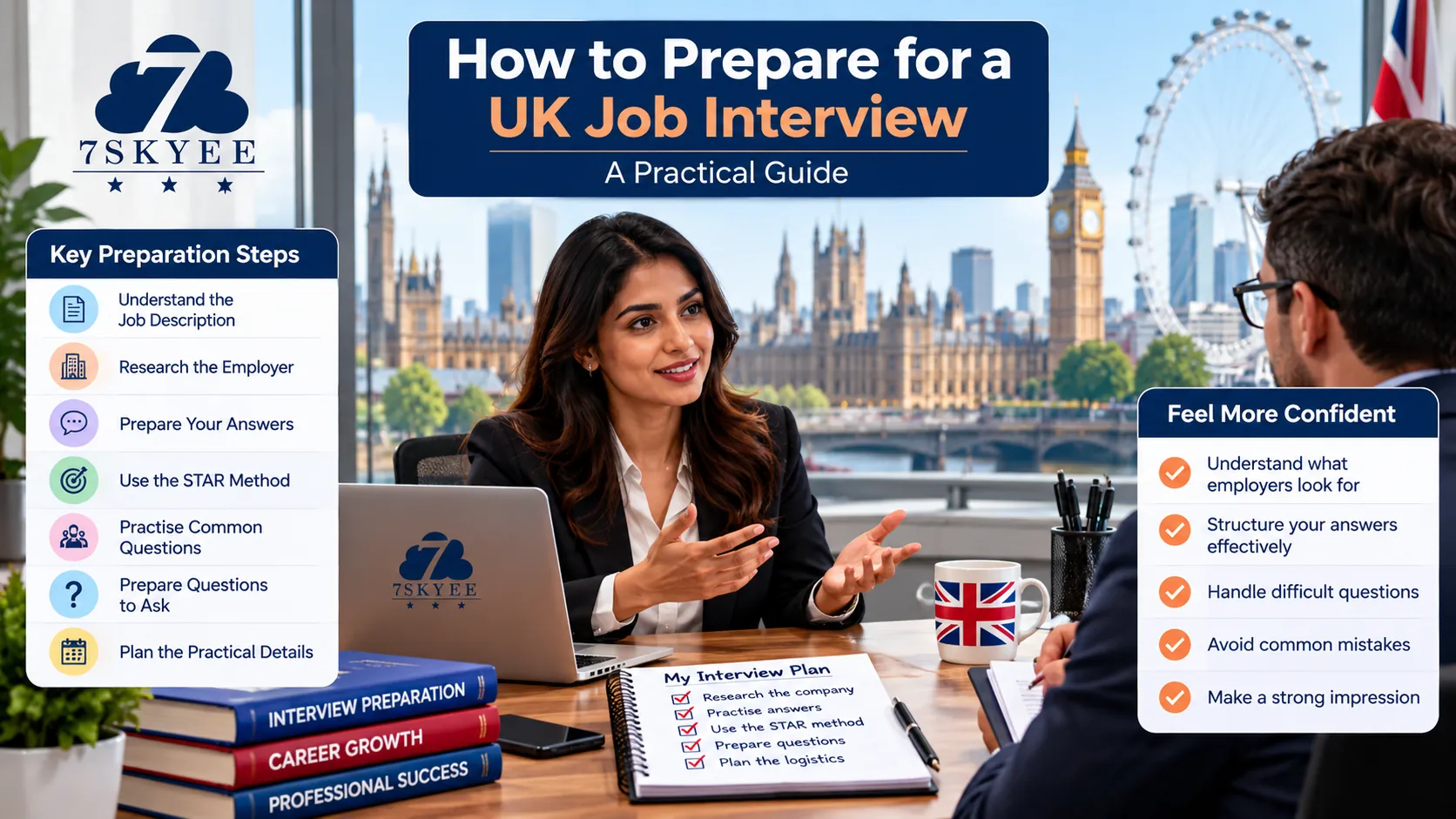 Professional preparing for a UK job interview with an interviewer in a modern London office.