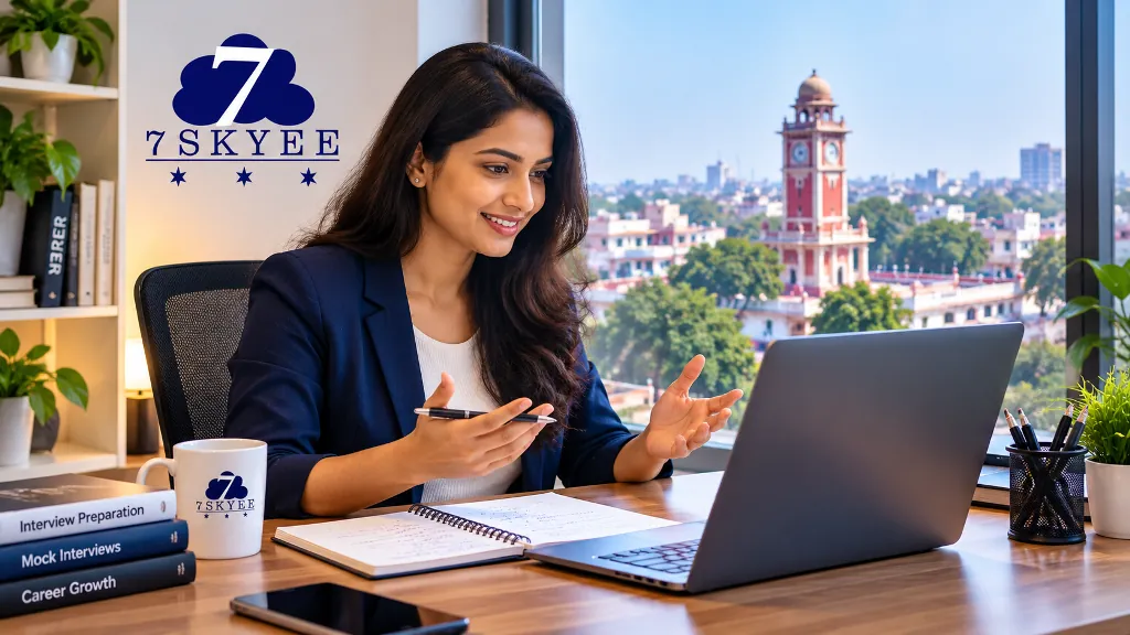 Professional preparing for an online job interview with interview coaching.