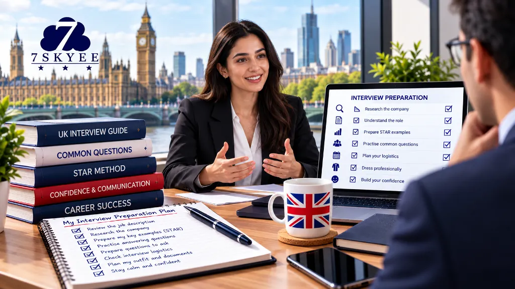 UK job interview preparation with a practice interview, common questions and a structured preparation checklist.