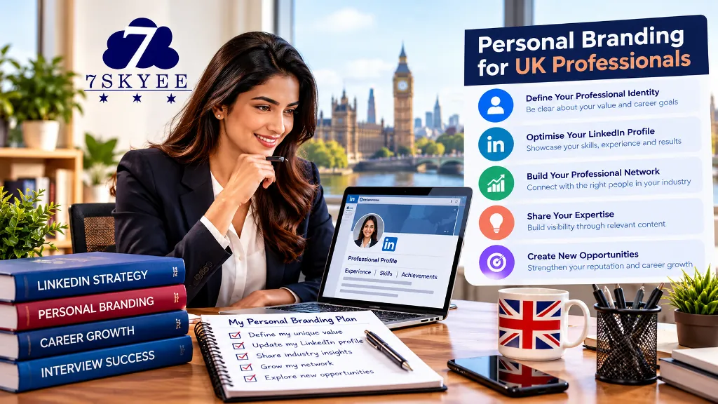 Personal branding for UK professionals, showing LinkedIn profile optimisation, career planning and professional reputation.