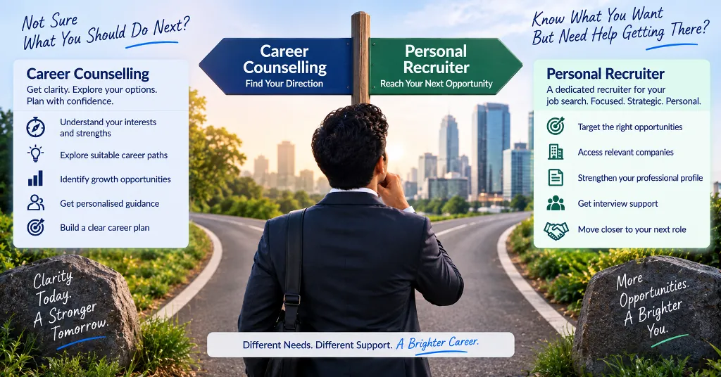 Professional choosing between career counselling and Personal Recruiter support