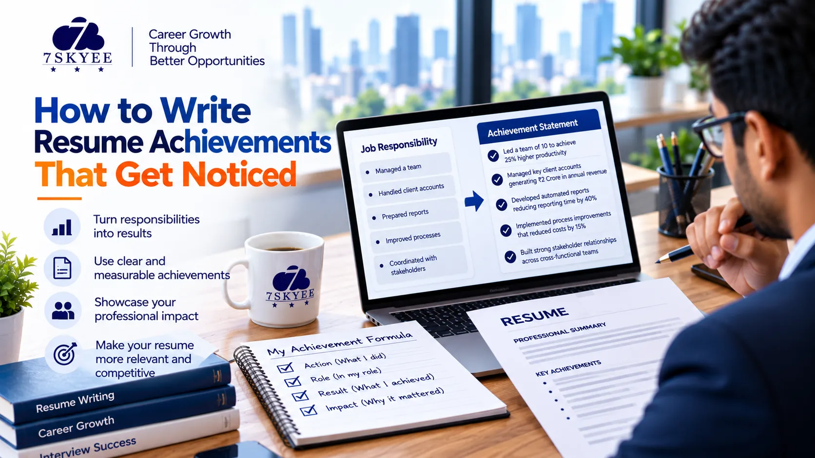 Professional reviewing resume achievements and measurable career accomplishments