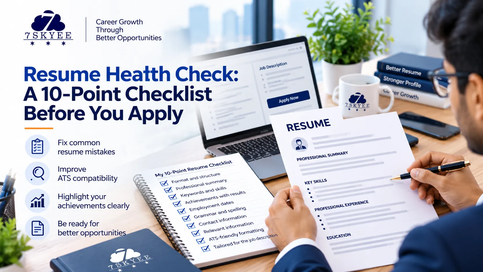Professional reviewing a resume using a checklist before applying for a job