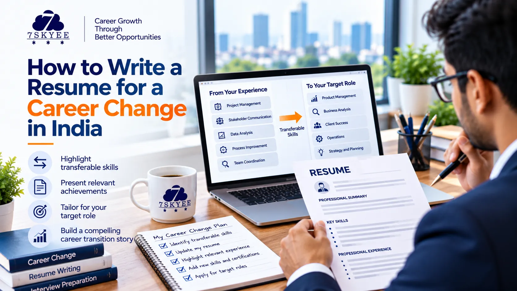 Professional reviewing a resume and mapping transferable skills for a career change