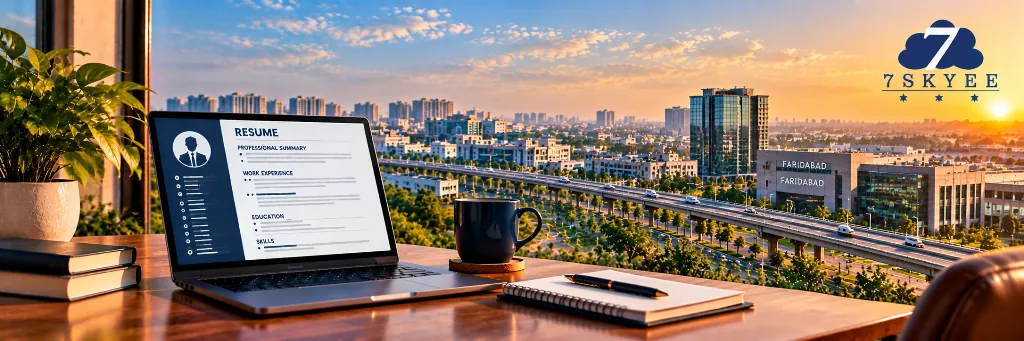 Professional resume writing services in Faridabad, featuring an office workspace overlooking the city’s industrial and business district.