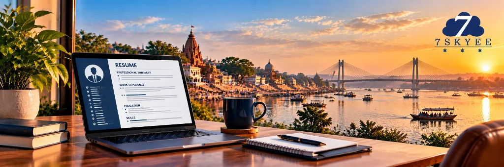 Professional resume writing services in Ghaziabad, featuring a resume workspace overlooking an urban skyline and elevated transit.