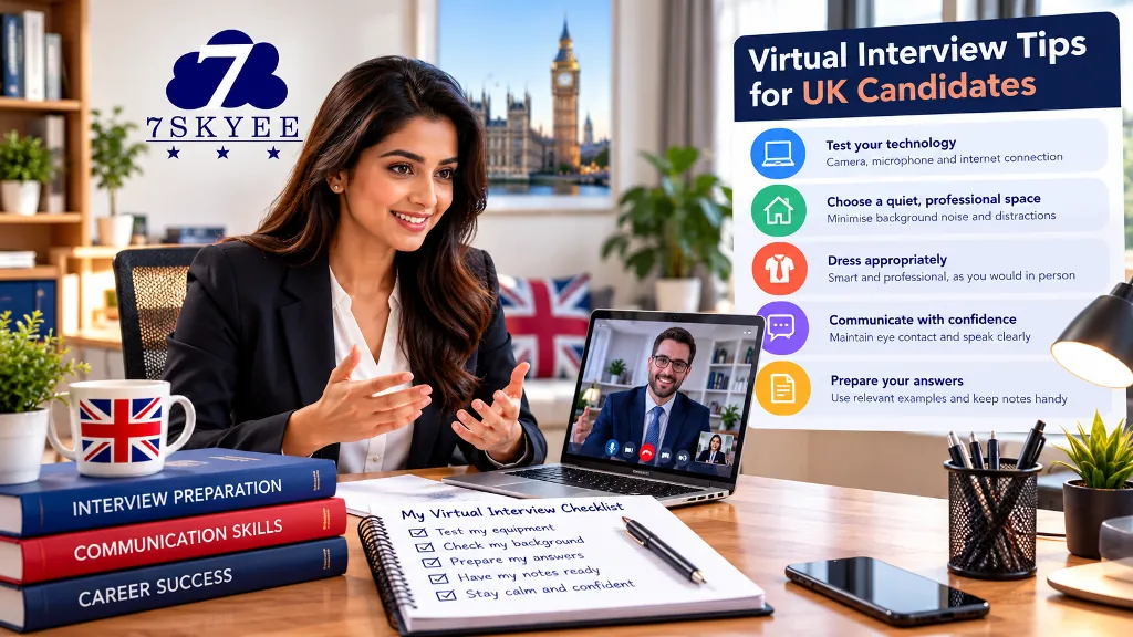 Virtual interview tips for UK candidates, featuring technology checks, professional presentation and interview preparation.