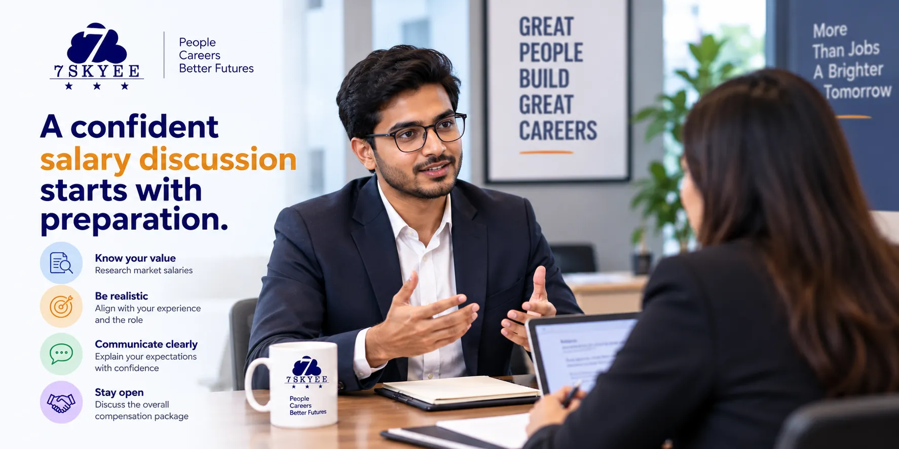 Candidate confidently discussing salary expectations with a recruiter during a job interview