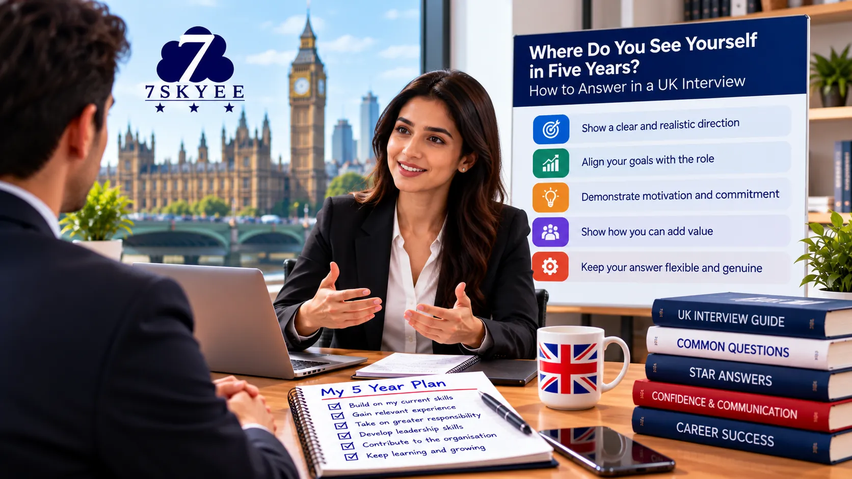 UK interview coaching session showing how to answer where do you see yourself in five years.