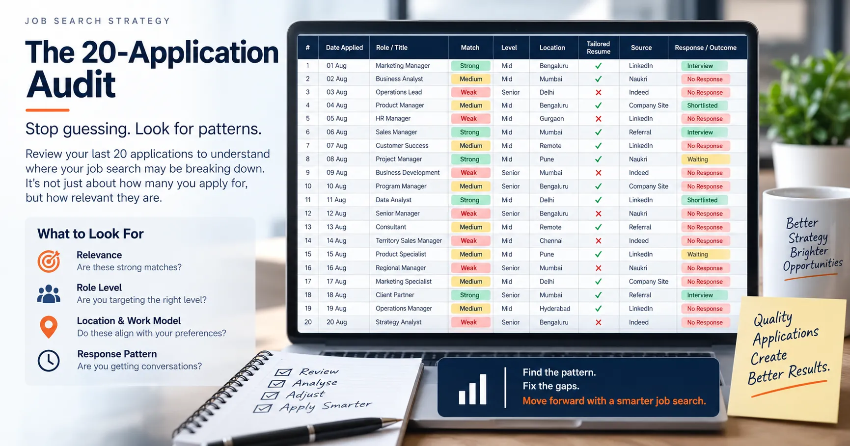Job application audit showing 20 applications reviewed by relevance, role level, location, tailored resume, source, and response outcome