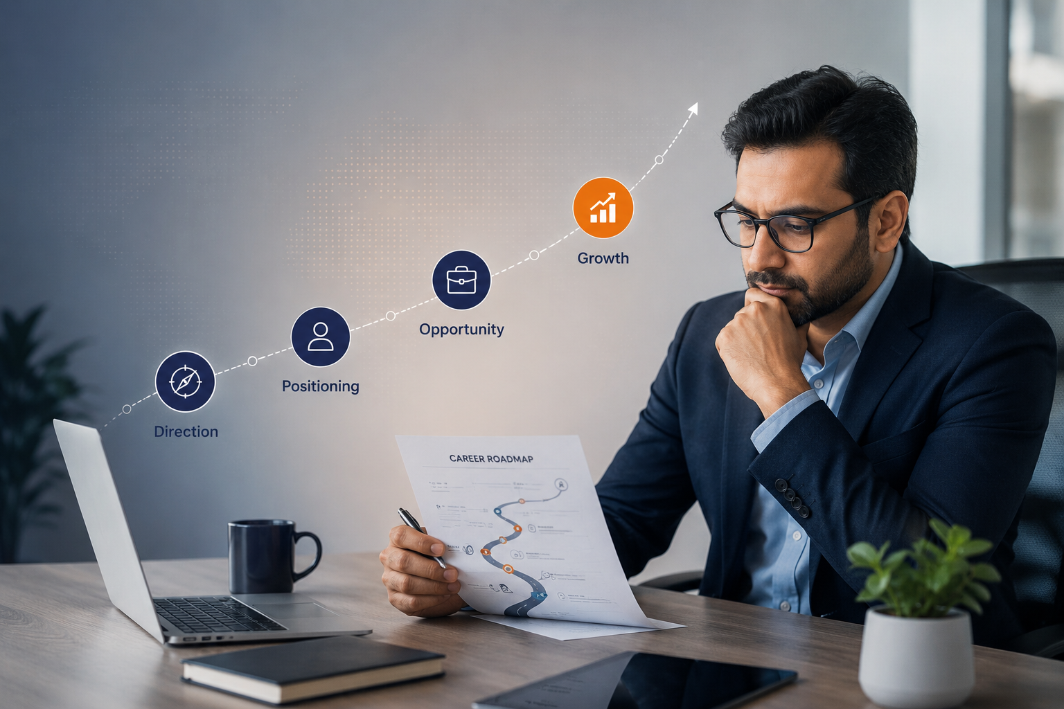 Career planning consultation showing upward growth path from direction through positioning, opportunity to success — 7Skyee
