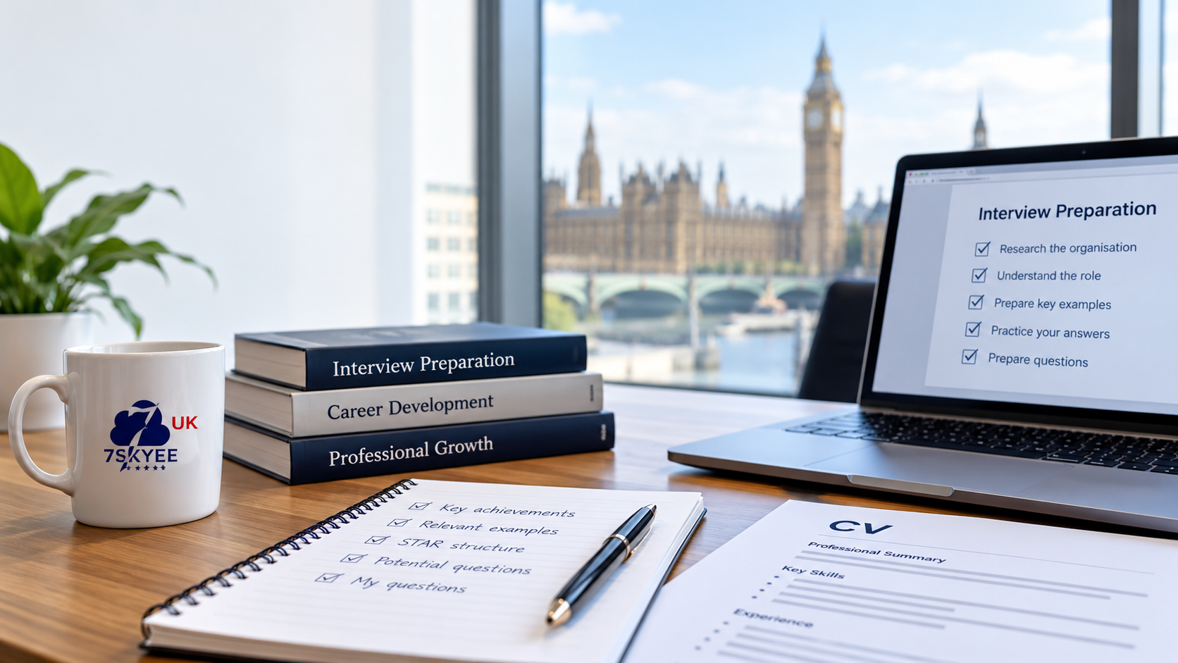 Professional interview preparation workspace with CV, interview notes and London skyline