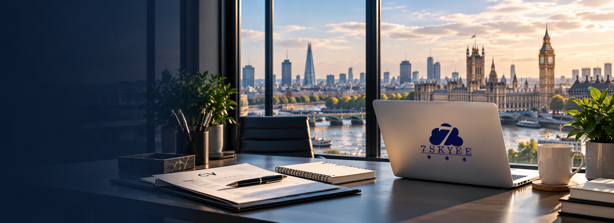 Professional London workspace representing 7Skyee UK career services